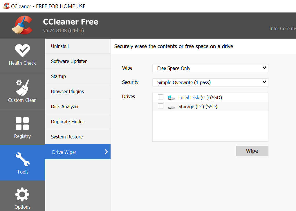 Screenshot of CCleaner tools section