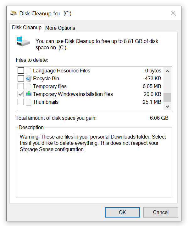 Screenshot of delete temporary windows installation files
